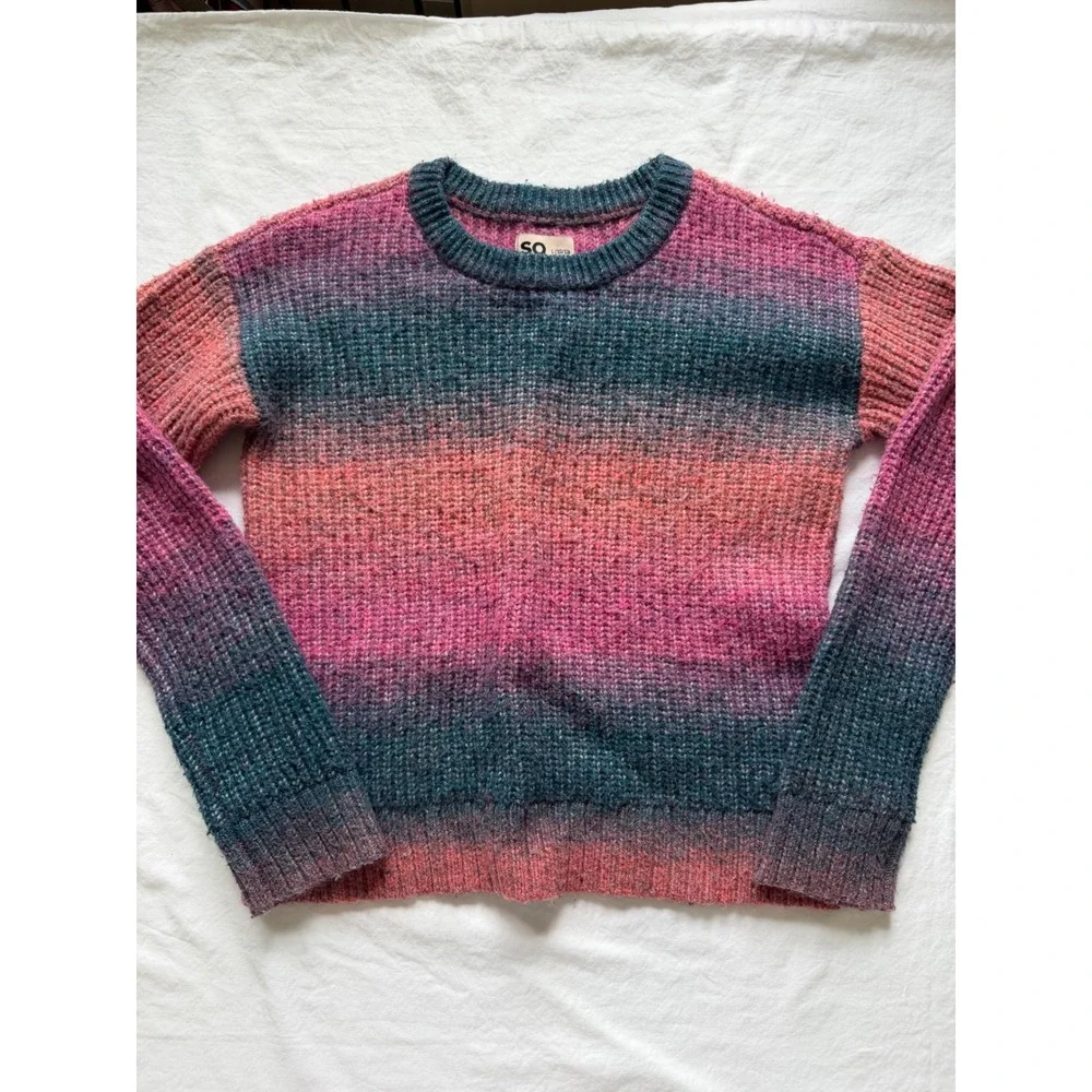 SO Girls Crewneck Sweater Pink Orange Blue Space Dye Ombre Knit Size L 10/12